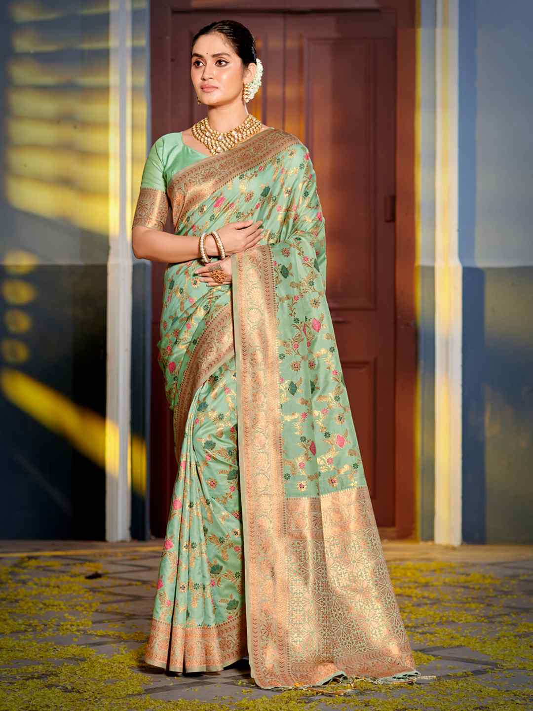 Mustard Yellow Banarasi Silk Saree with Golden Zari Work, Traditional Weave