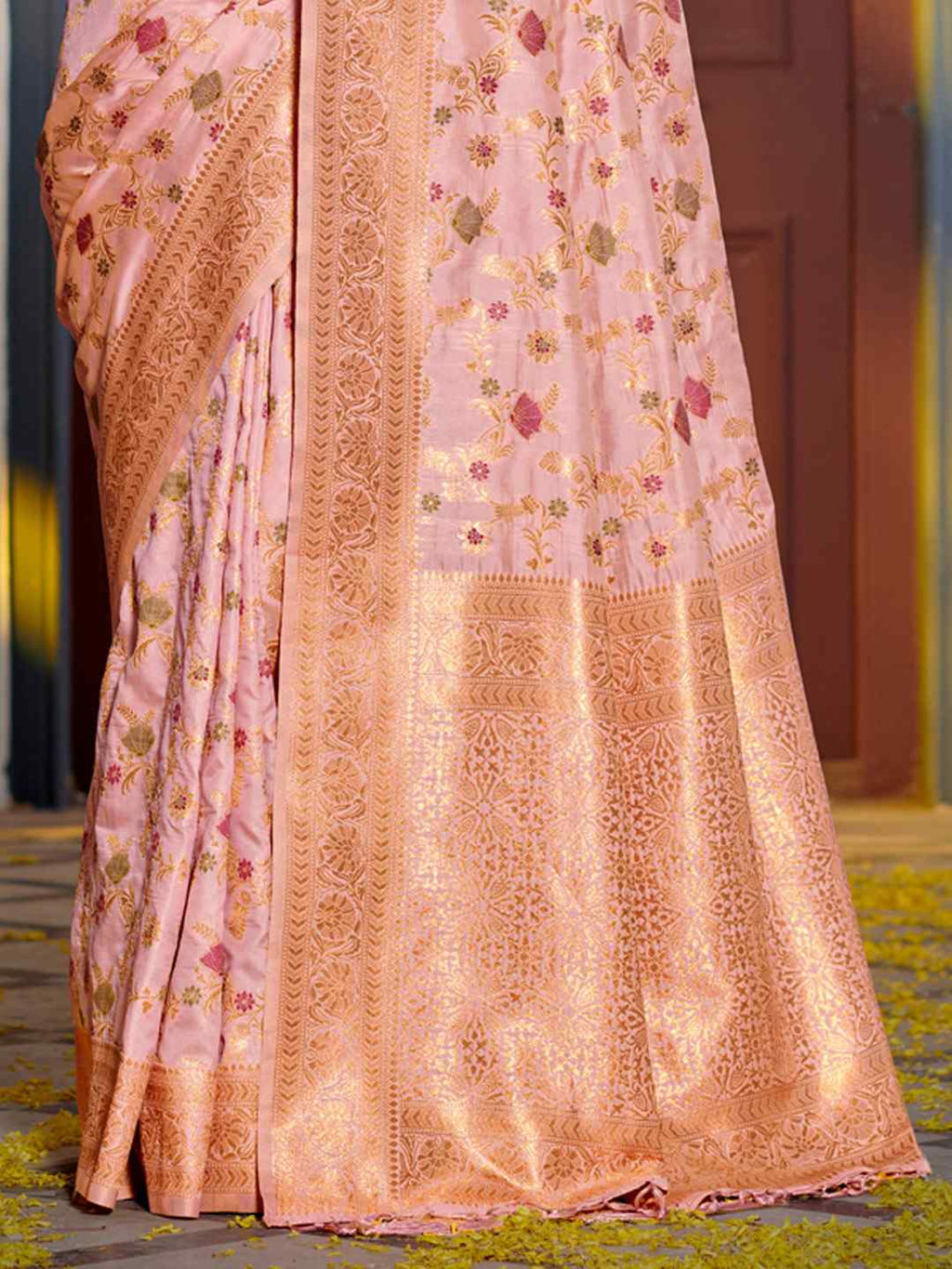 Mustard Yellow Banarasi Silk Saree with Golden Zari Work, Traditional Weave