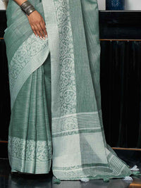 Enticing Weaving Work Rama Color Linen Cotton Saree