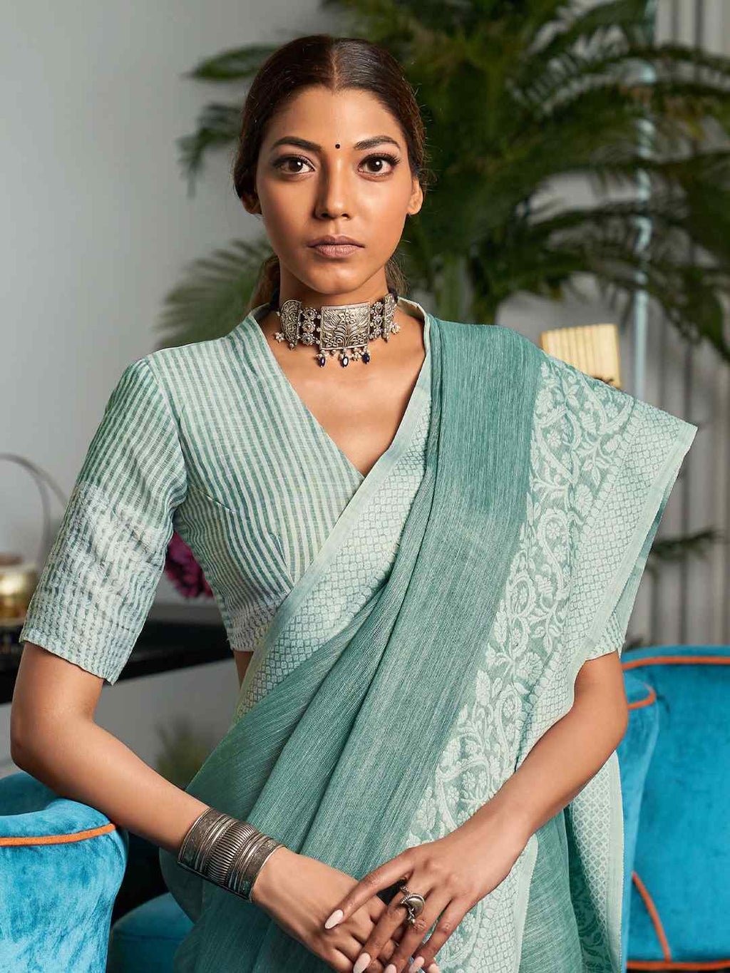 Enticing Weaving Work Rama Color Linen Cotton Saree