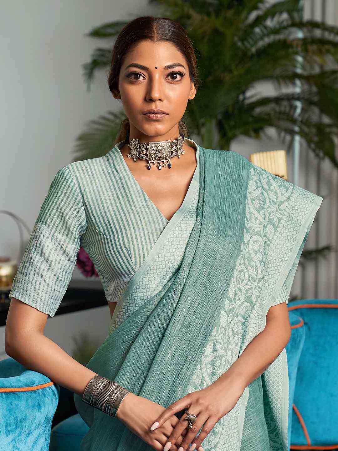 Enticing Weaving Work Rama Color Linen Cotton Saree