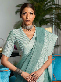 Enticing Weaving Work Rama Color Linen Cotton Saree
