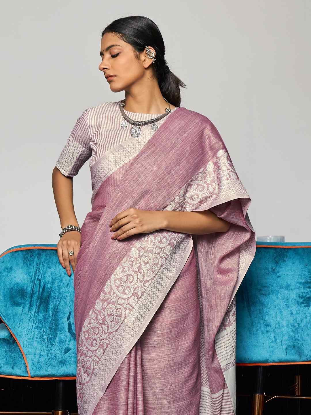 Enticing Weaving Work Rama Color Linen Cotton Saree