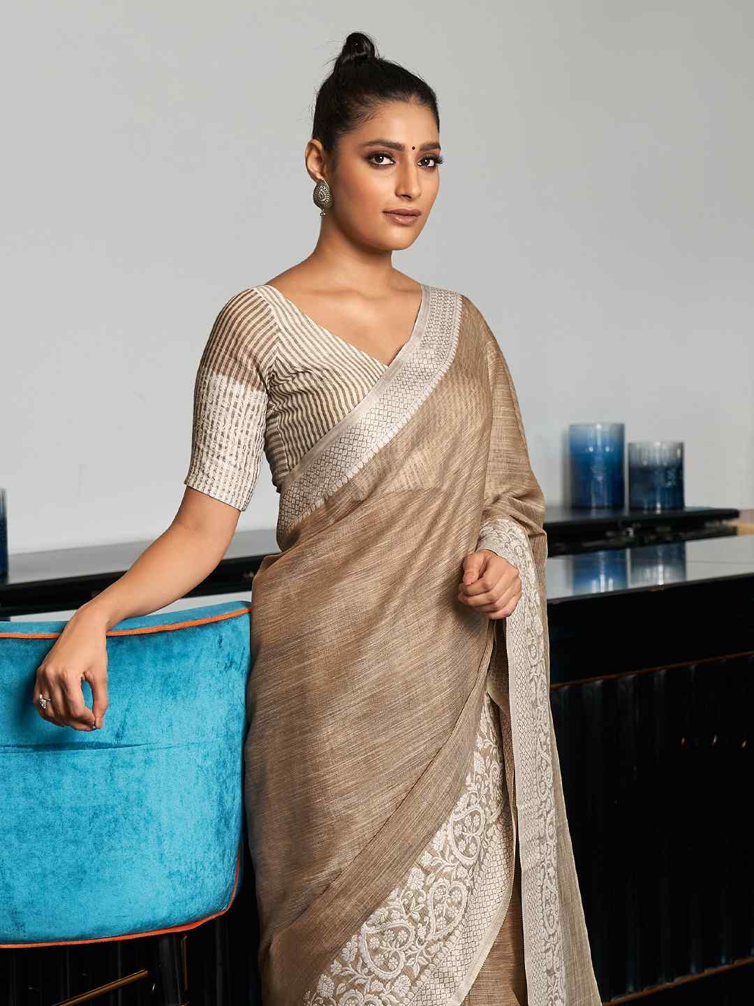 Enticing Weaving Work Rama Color Linen Cotton Saree