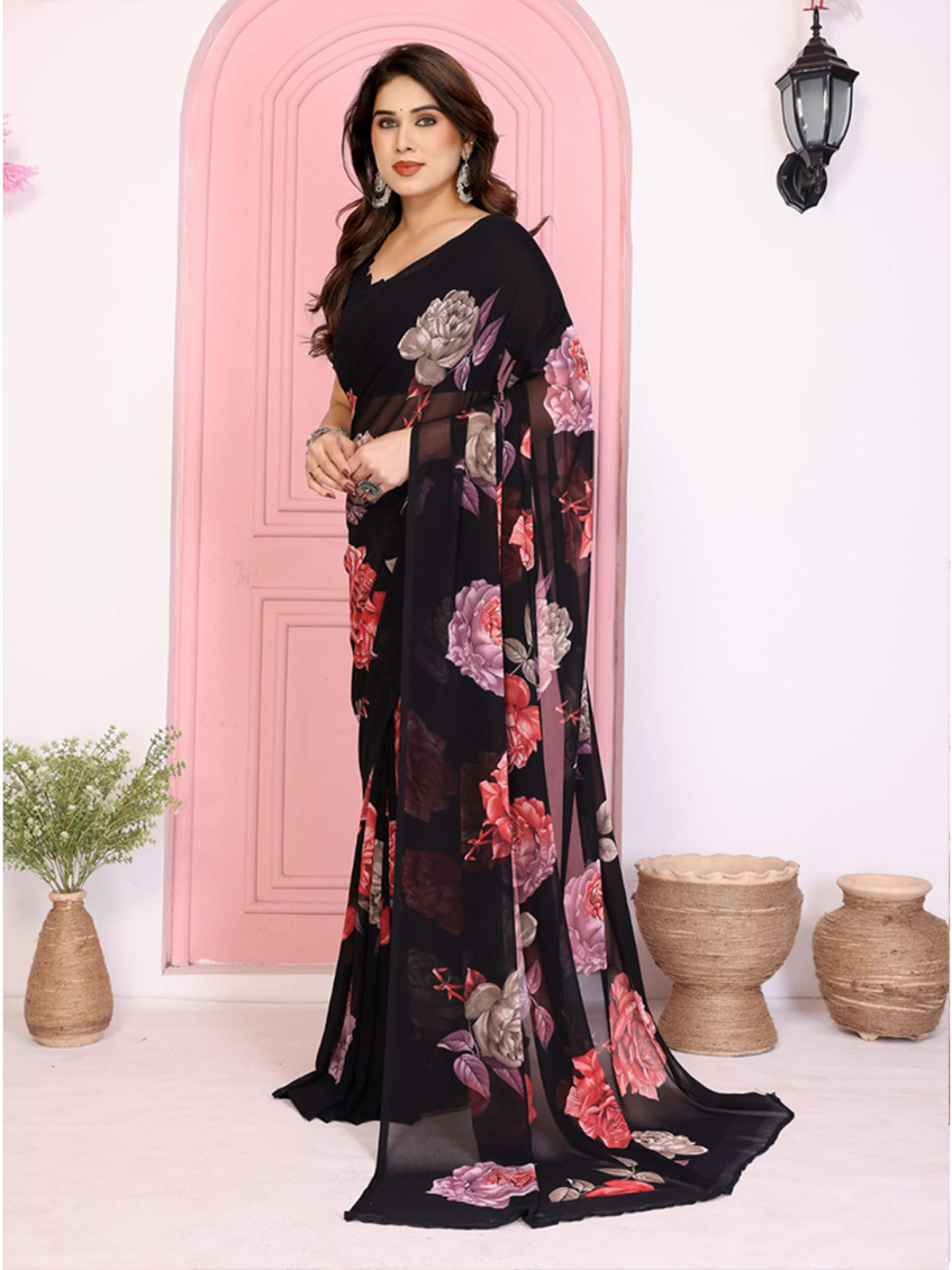 Elegant Black Floral Printed Chiffon Saree with Flower Design – Stylish Party & Casual Wear