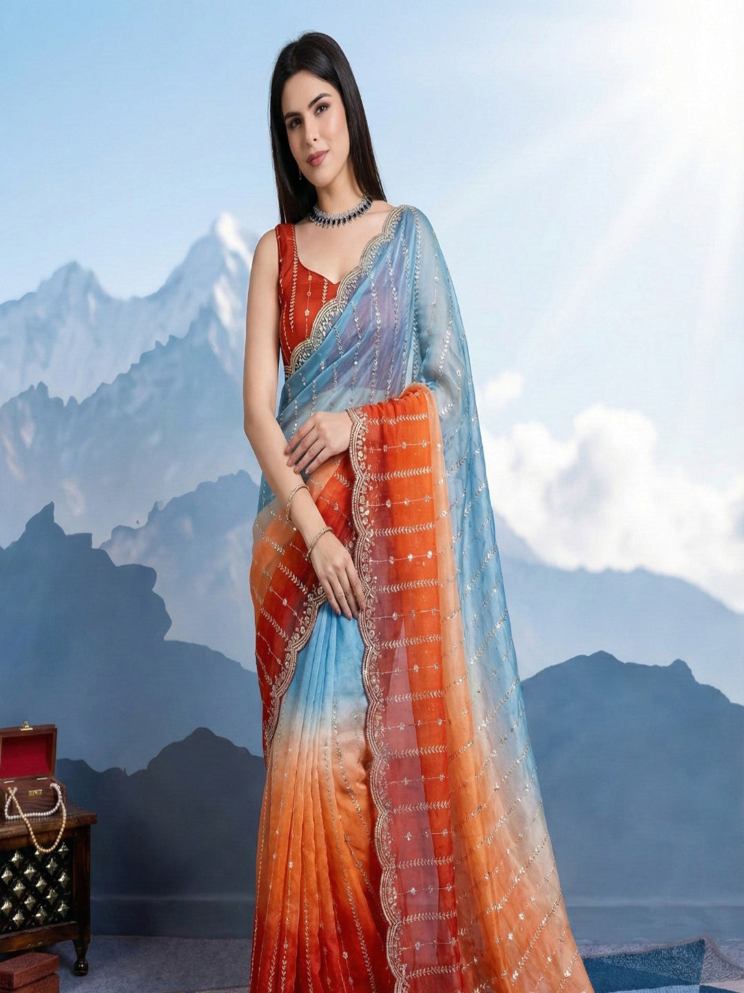 Embellished Embroidered Satin Heavy Work Saree.
