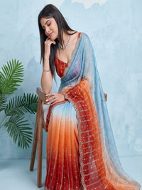 Embellished Embroidered Satin Heavy Work Saree.