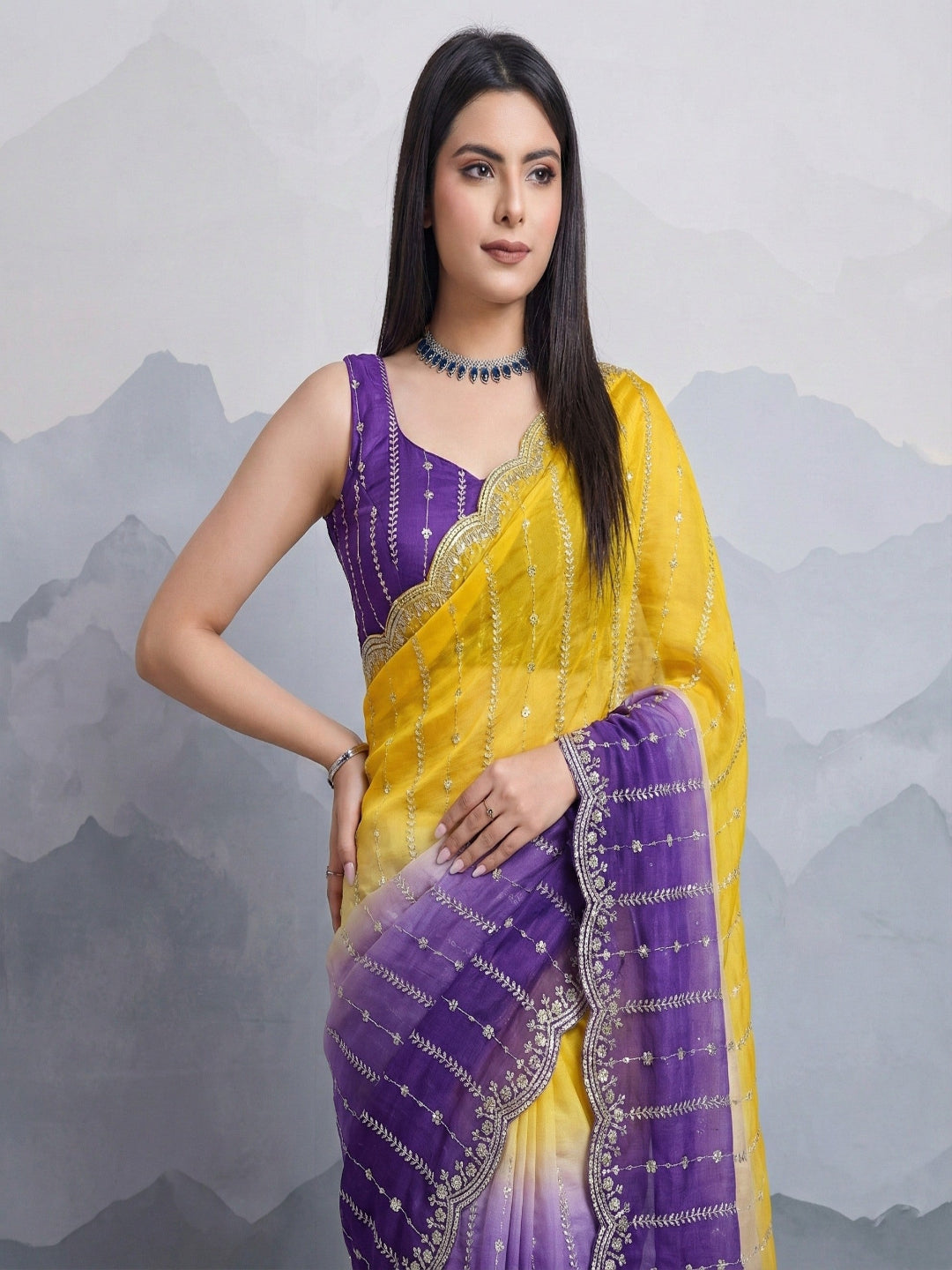 Embellished Embroidered Satin Heavy Work Saree.