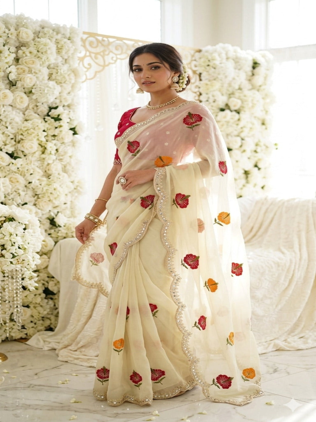 Chikoo Floral Thread Work Saree with Beautiful Mirror Border