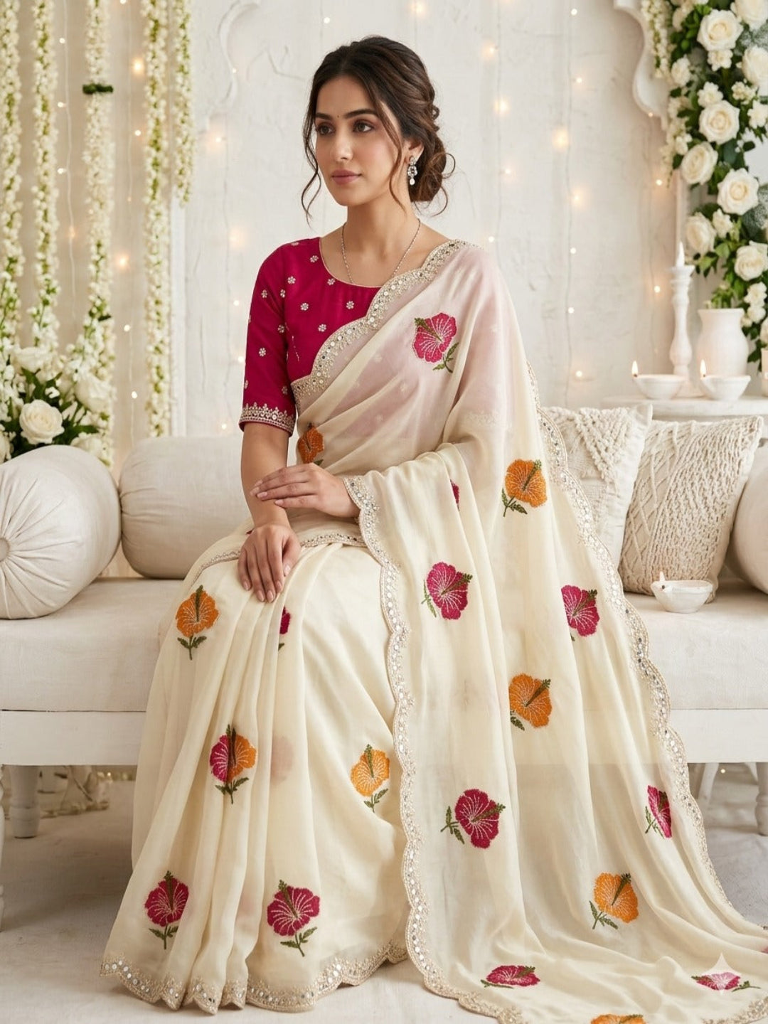 Chikoo Floral Thread Work Saree with Beautiful Mirror Border