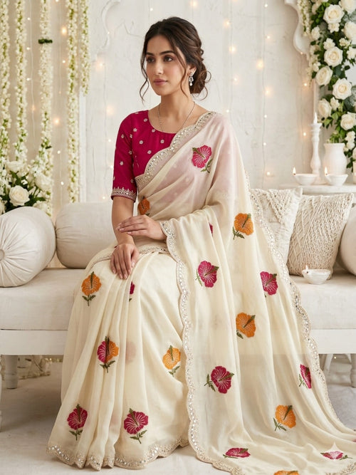 Chikoo Floral Thread Work Saree with Beautiful Mirror Border