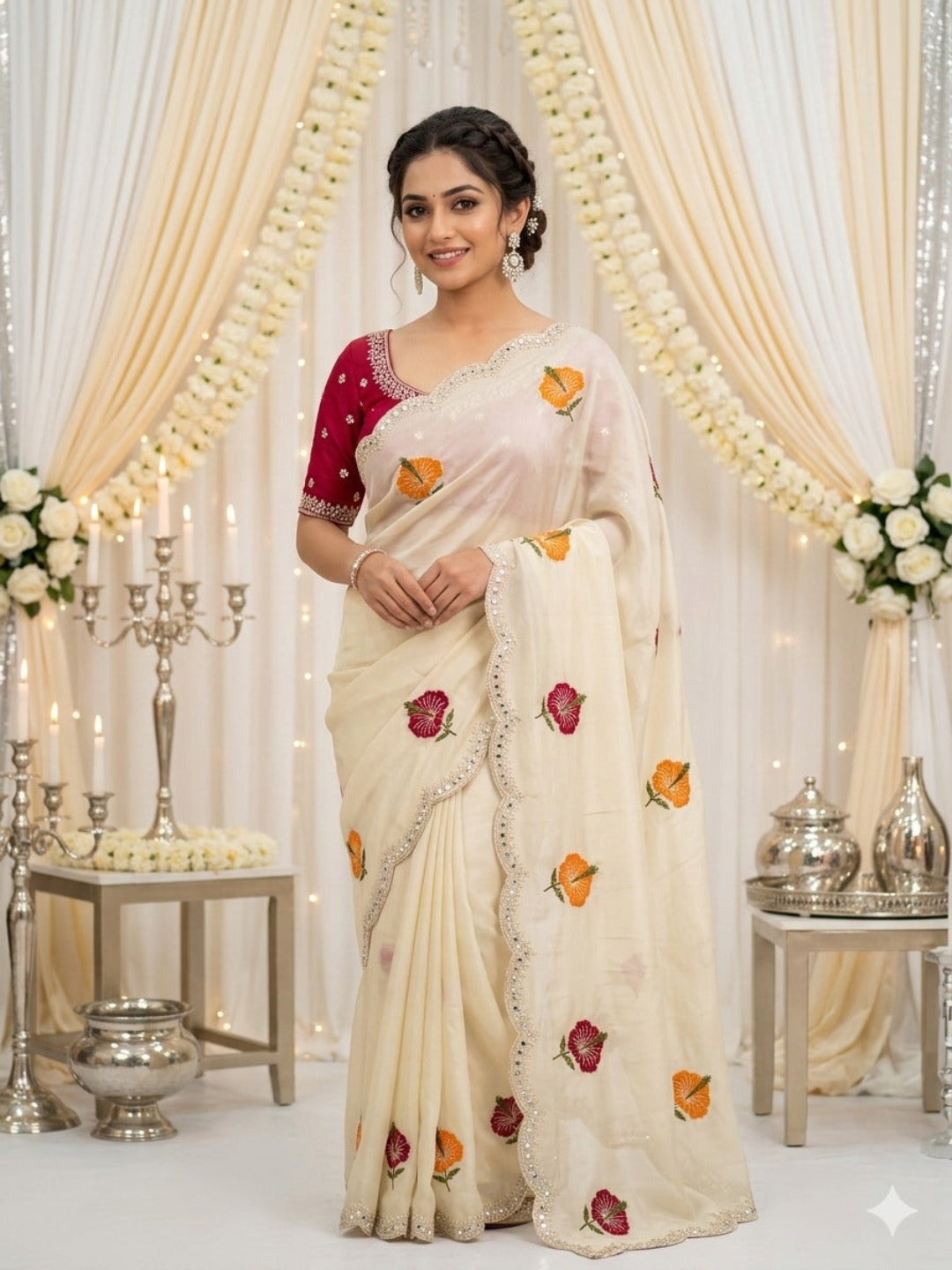 Chikoo Floral Thread Work Saree with Beautiful Mirror Border