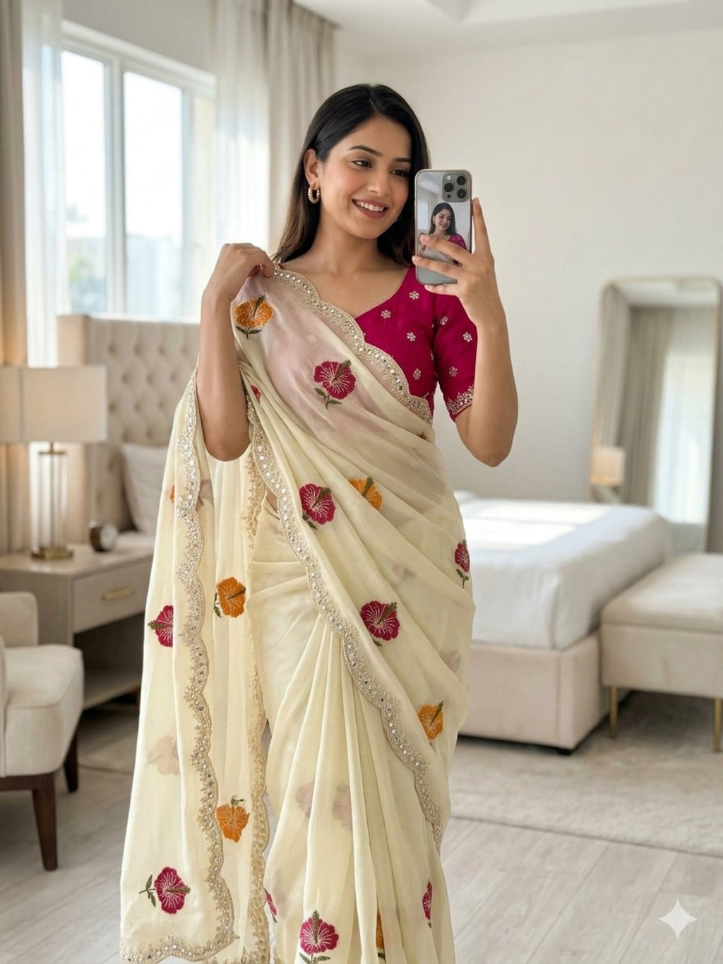Chikoo Floral Thread Work Saree with Beautiful Mirror Border