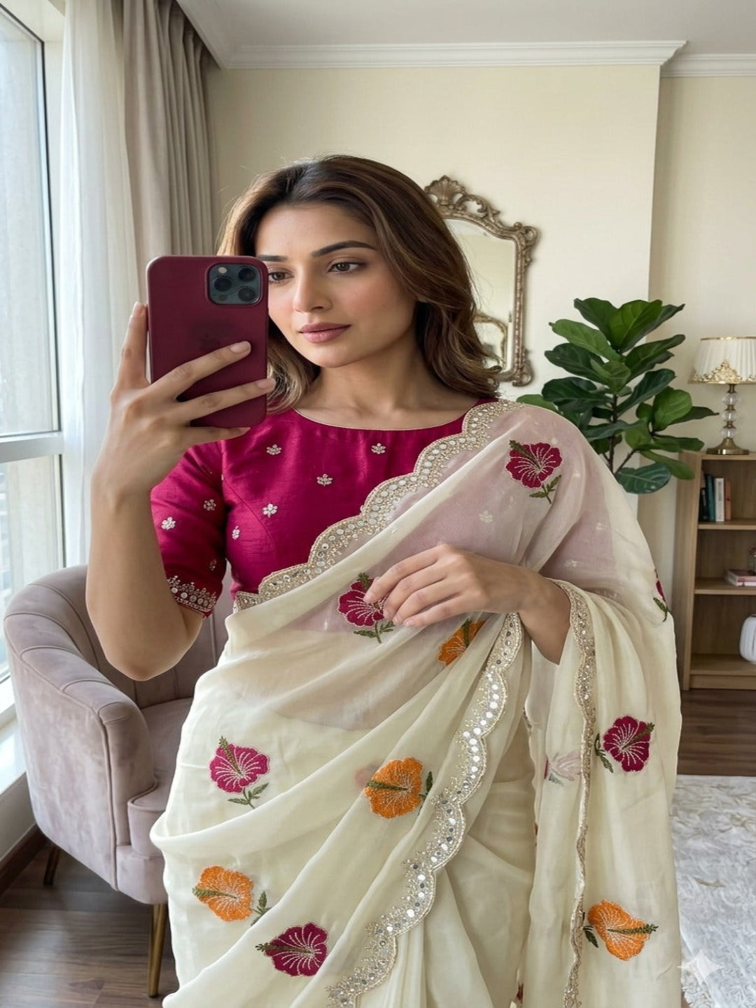 Chikoo Floral Thread Work Saree with Beautiful Mirror Border