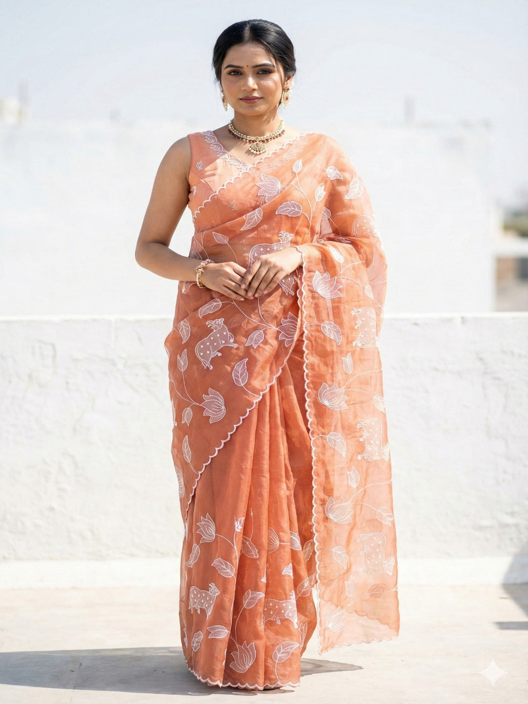 Peach Satin Elegance Embroidered Saree