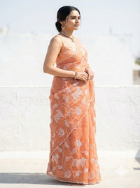 Peach Satin Elegance Embroidered Saree