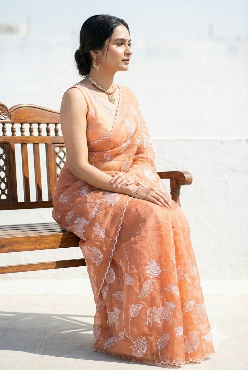 Peach Satin Elegance Embroidered Saree
