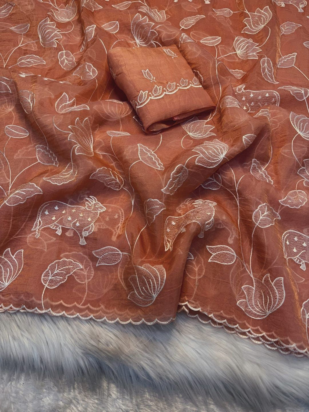 Peach Satin Elegance Embroidered Saree