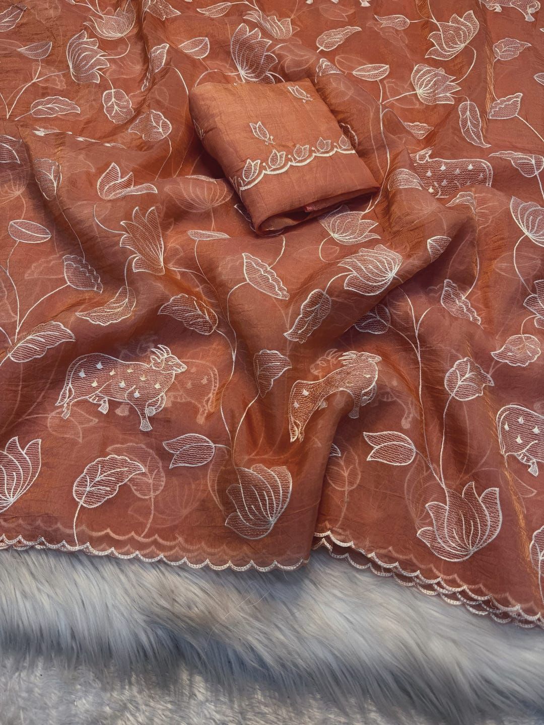 Peach Satin Elegance Embroidered Saree