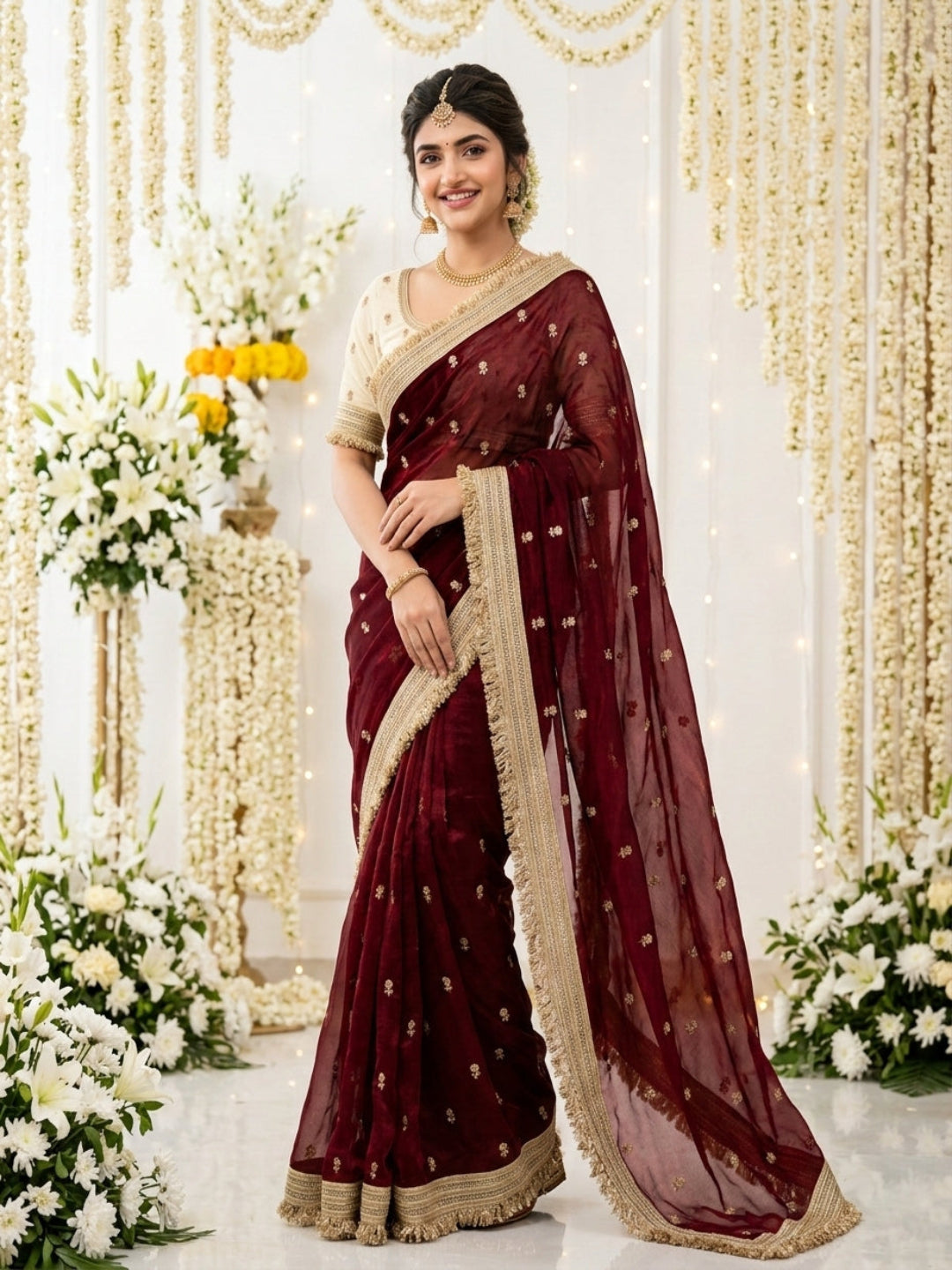 Maroon Embroidered Designer Saree