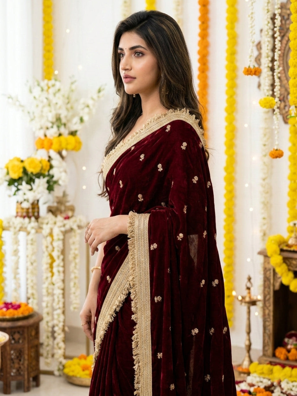 Maroon Embroidered Designer Saree