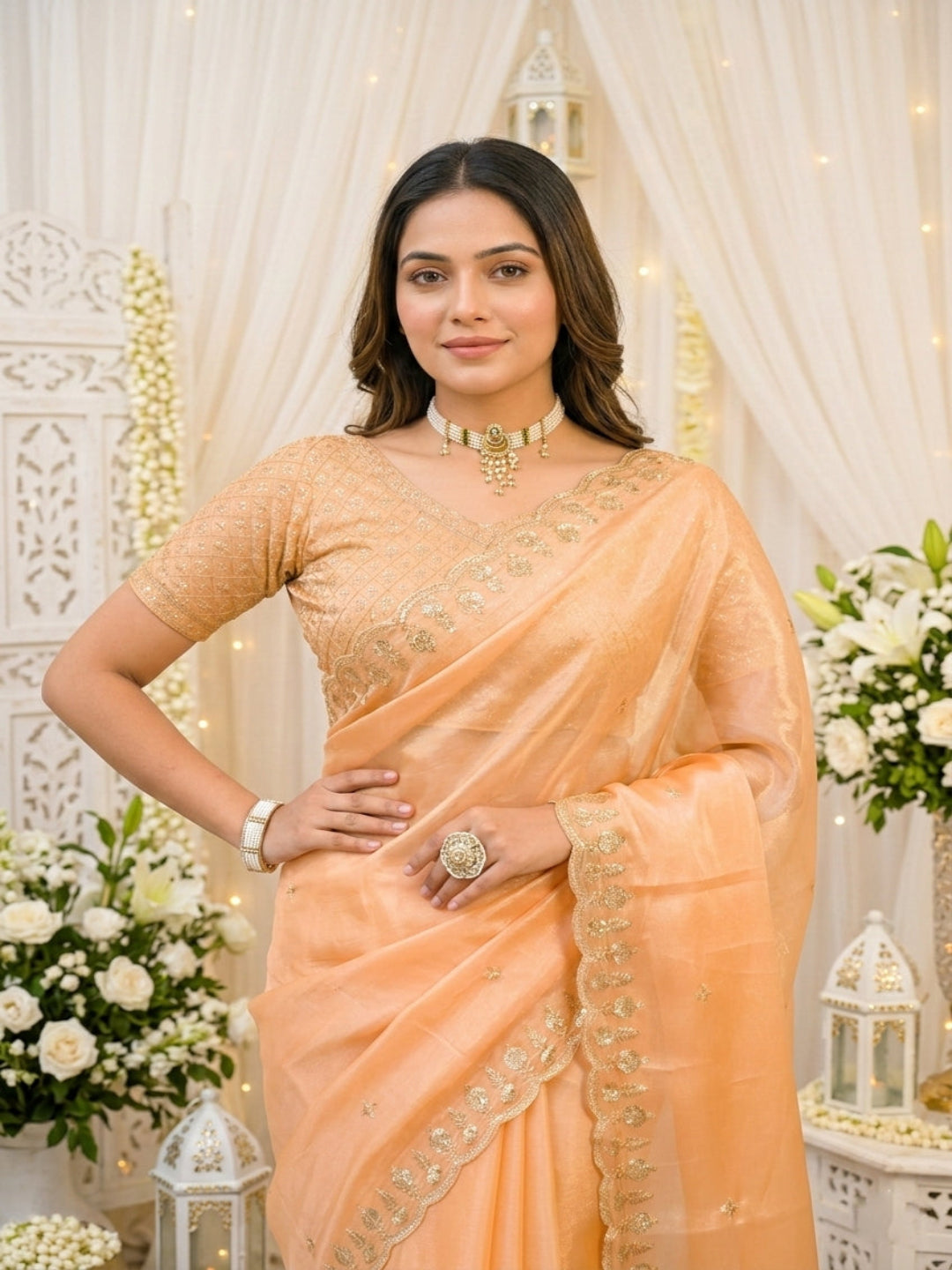 Mehendi Embroidered Sequinned Jimichu Satin Saree