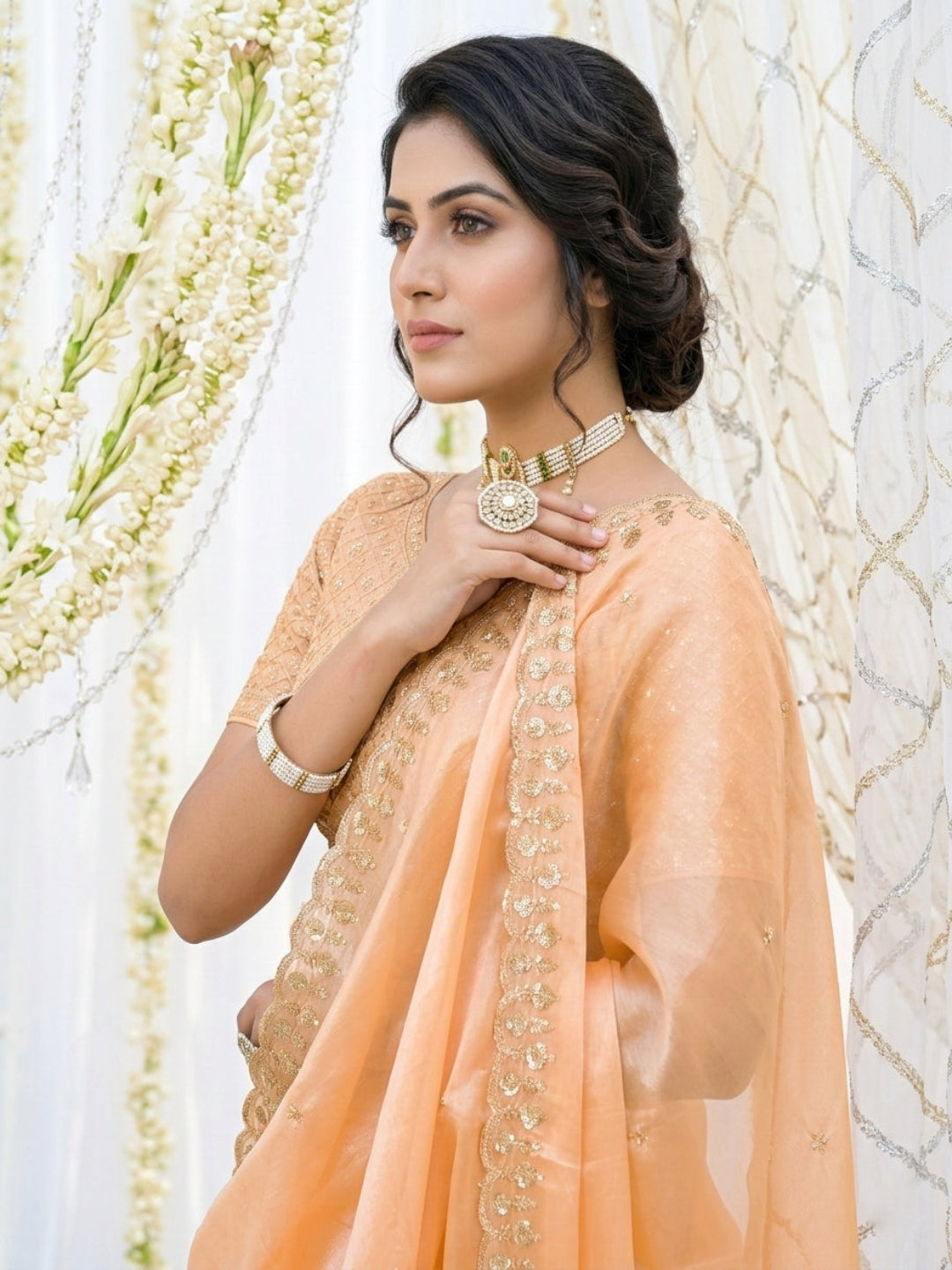Mehendi Embroidered Sequinned Jimichu Satin Saree
