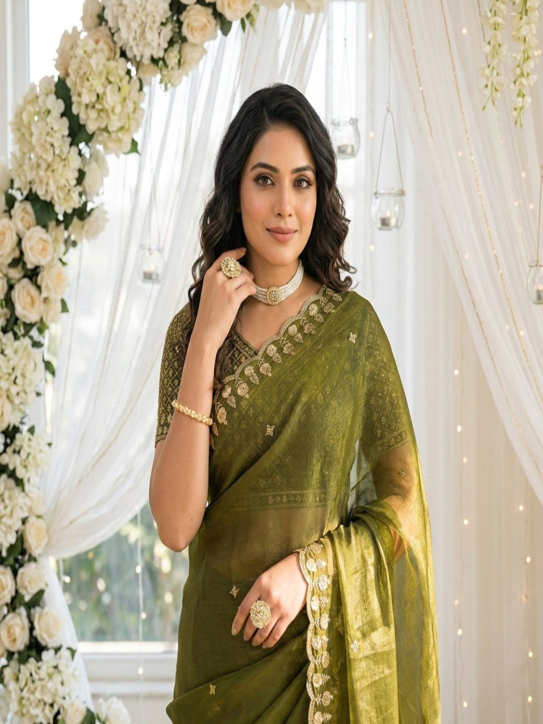 Mehendi Embroidered Sequinned Jimichu Satin Saree