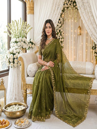 Mehendi Embroidered Sequinned Jimichu Satin Saree