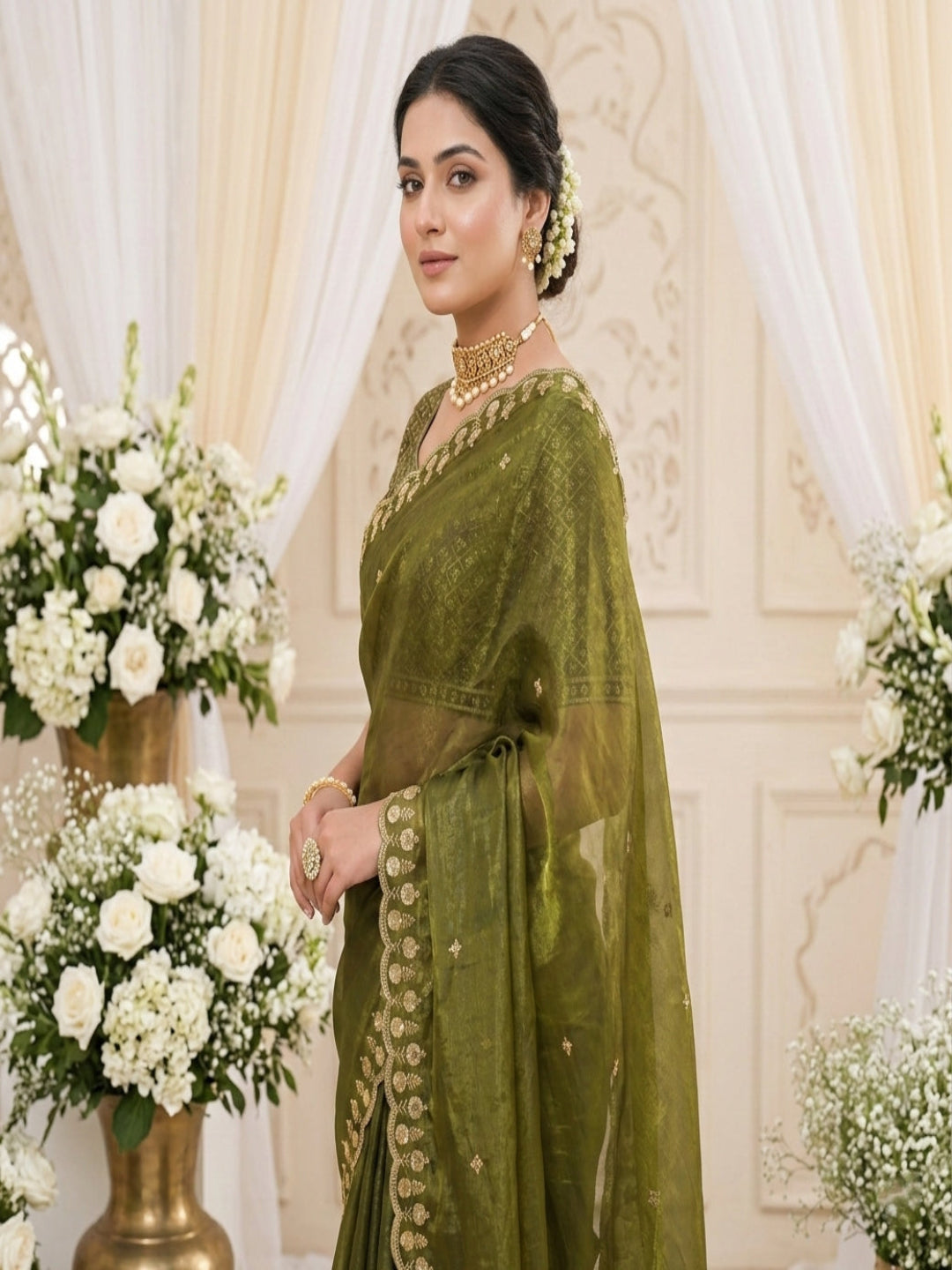 Mehendi Embroidered Sequinned Jimichu Satin Saree