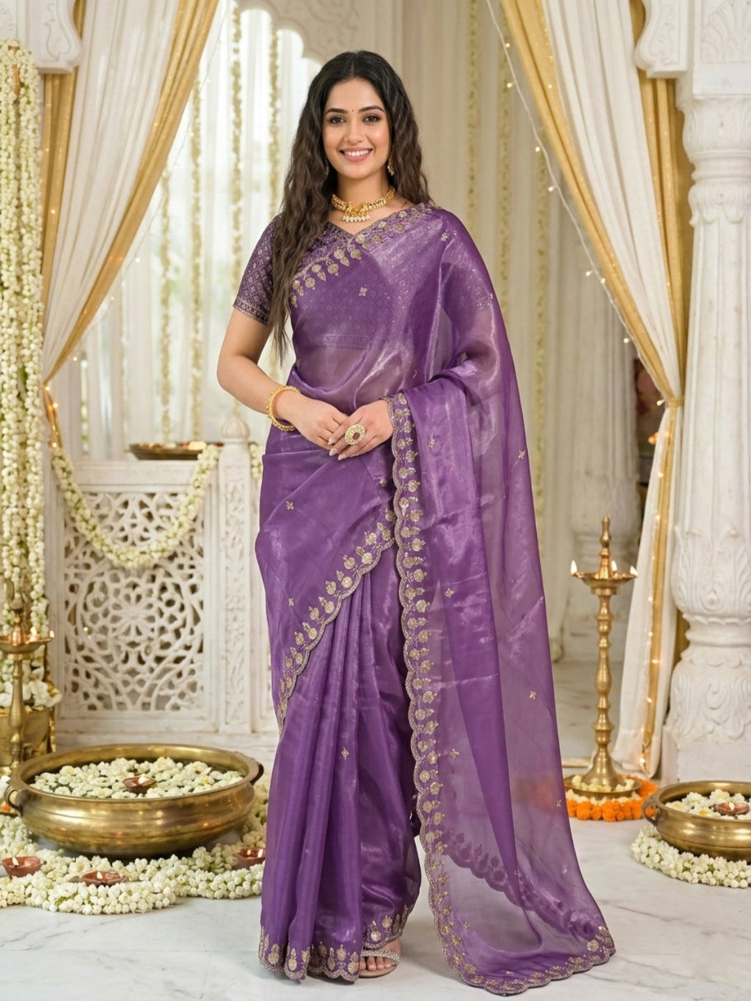 Mehendi Embroidered Sequinned Jimichu Satin Saree