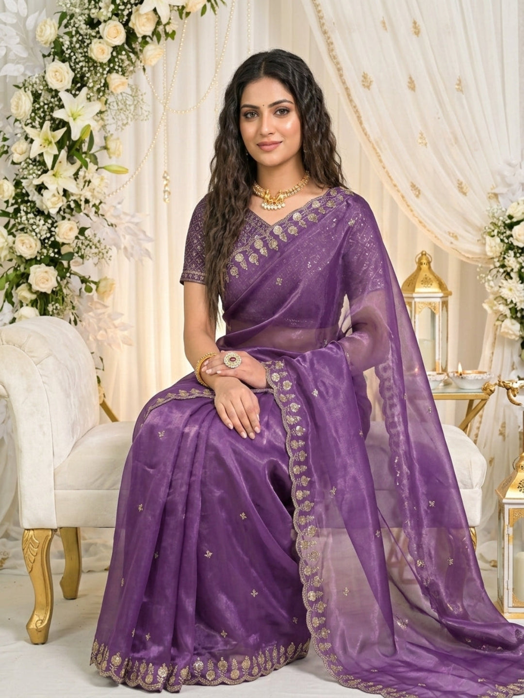 Mehendi Embroidered Sequinned Jimichu Satin Saree