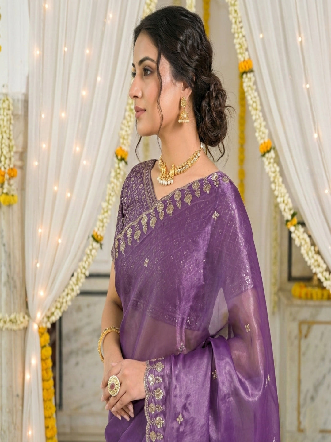 Mehendi Embroidered Sequinned Jimichu Satin Saree