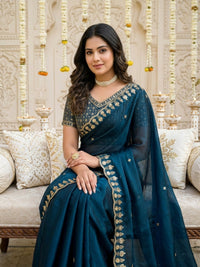 Mehendi Embroidered Sequinned Jimichu Satin Saree
