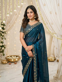 Mehendi Embroidered Sequinned Jimichu Satin Saree