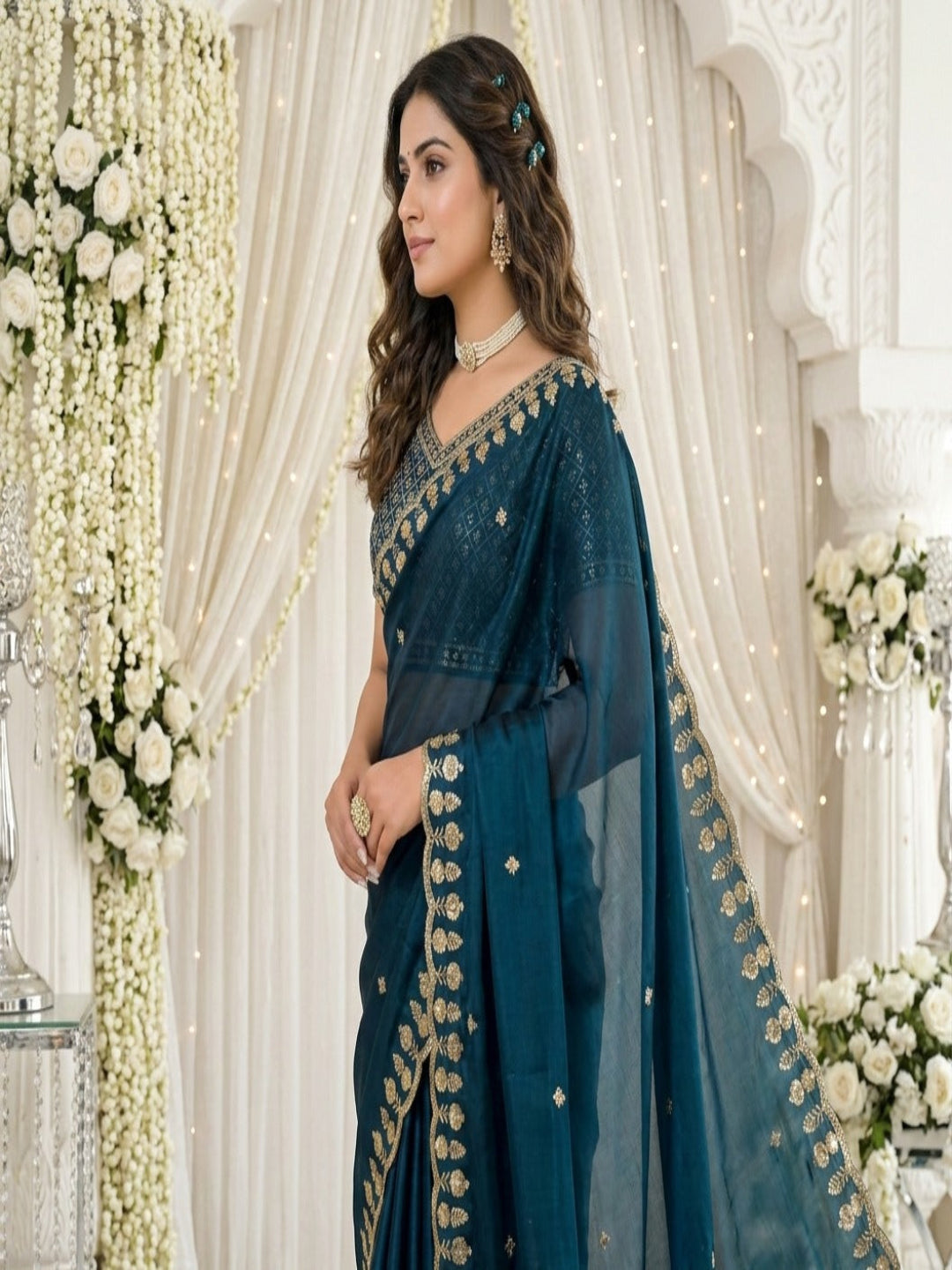 Mehendi Embroidered Sequinned Jimichu Satin Saree