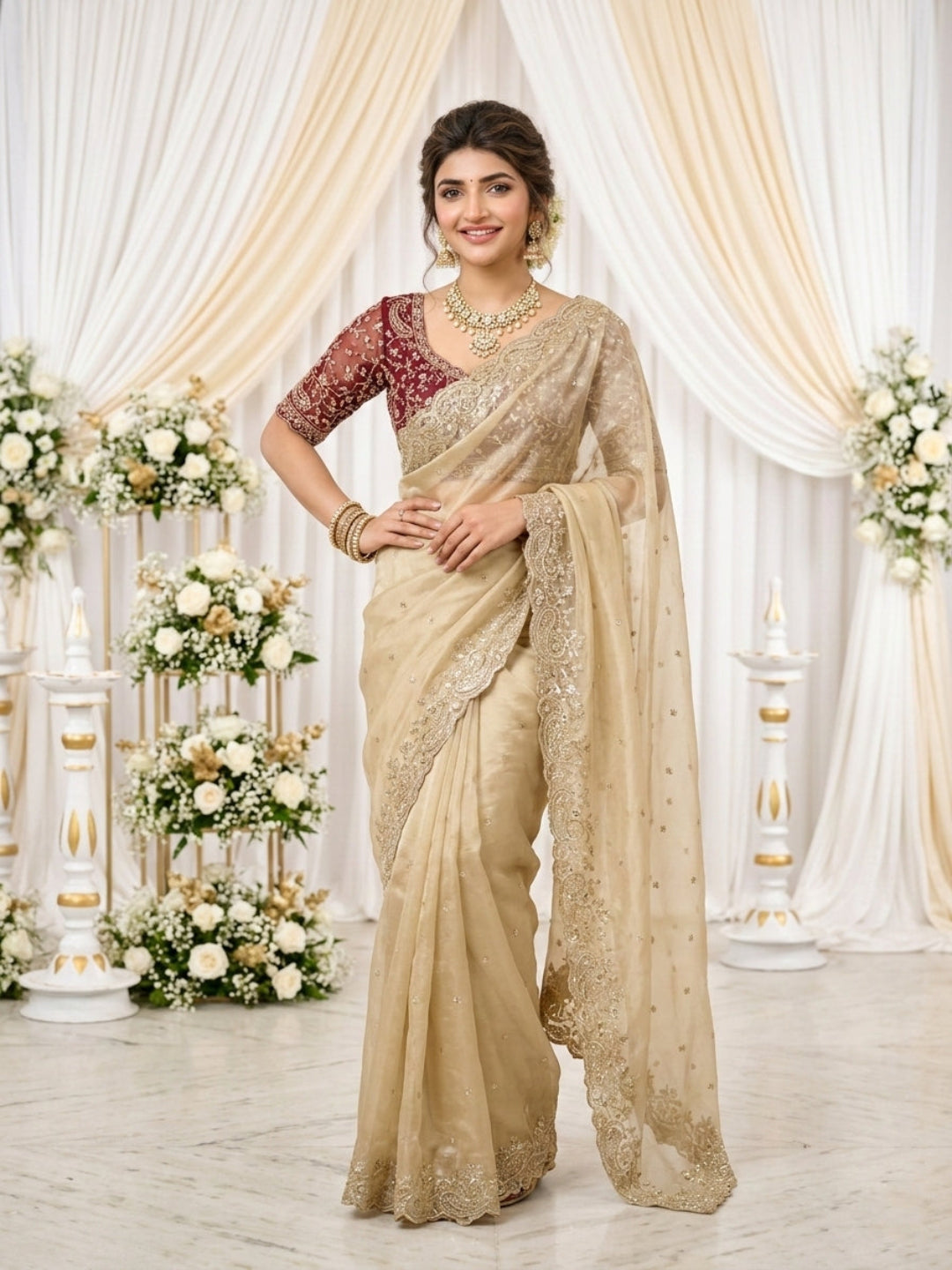 Purple Organza Crush Saree with Heavy Sequin Embroidery