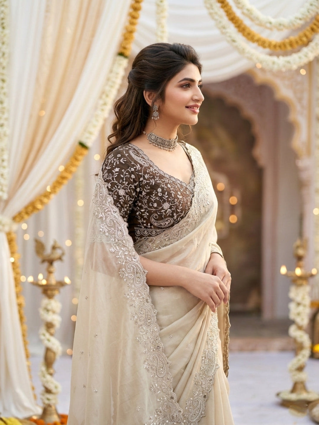 Purple Organza Crush Saree with Heavy Sequin Embroidery