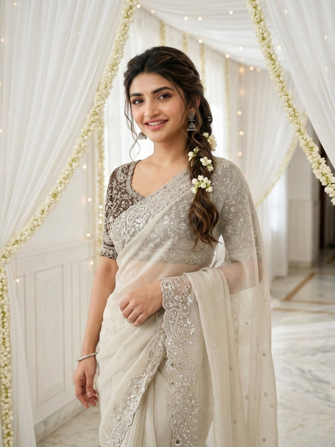 Purple Organza Crush Saree with Heavy Sequin Embroidery