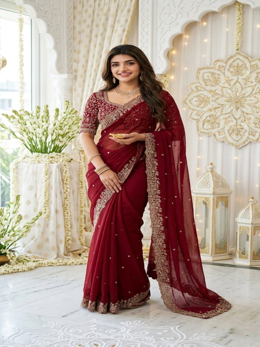 Purple Organza Crush Saree with Heavy Sequin Embroidery