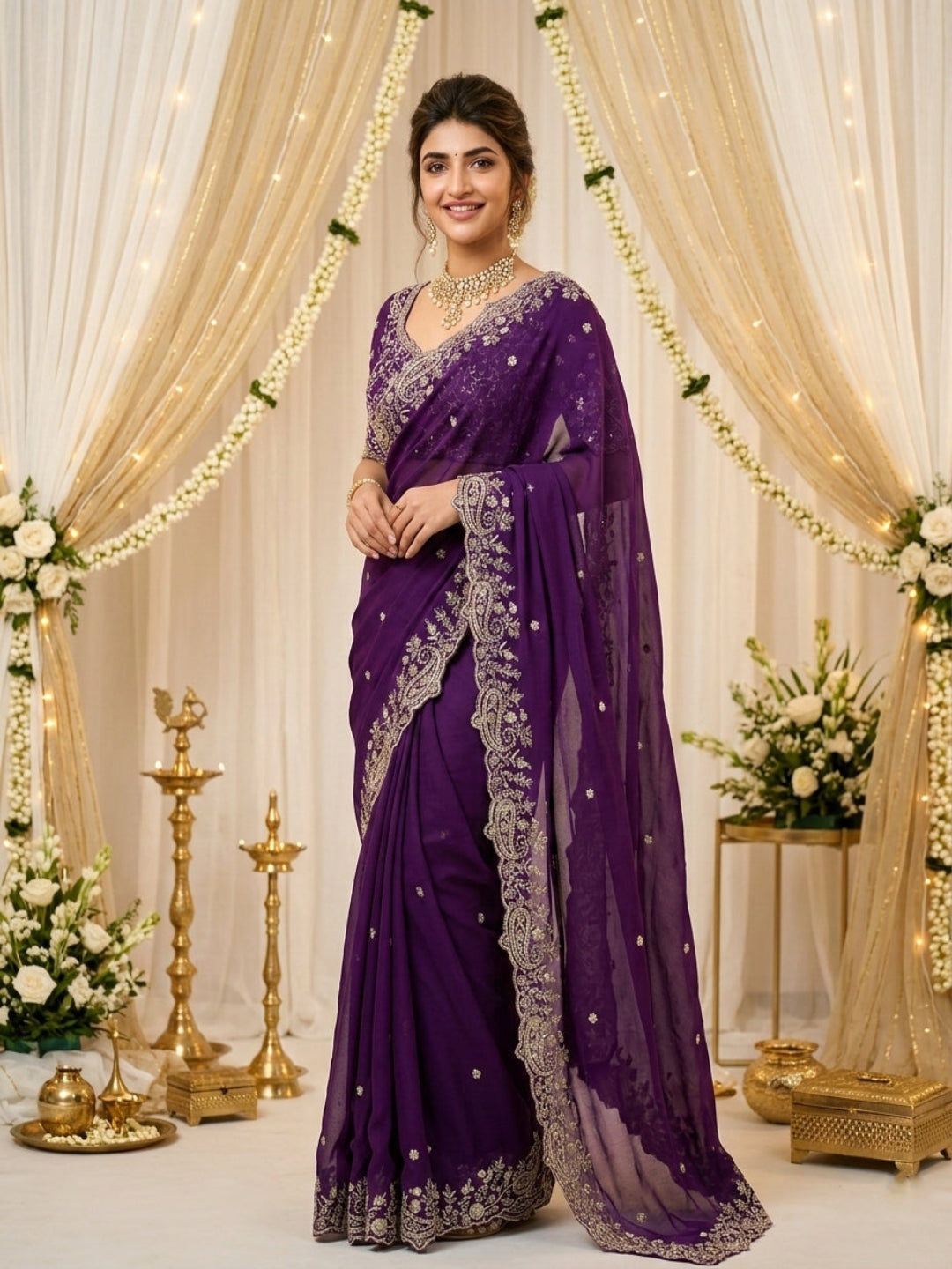 Purple Organza Crush Saree with Heavy Sequin Embroidery