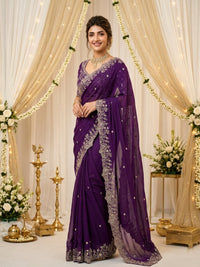 Purple Organza Crush Saree with Heavy Sequin Embroidery