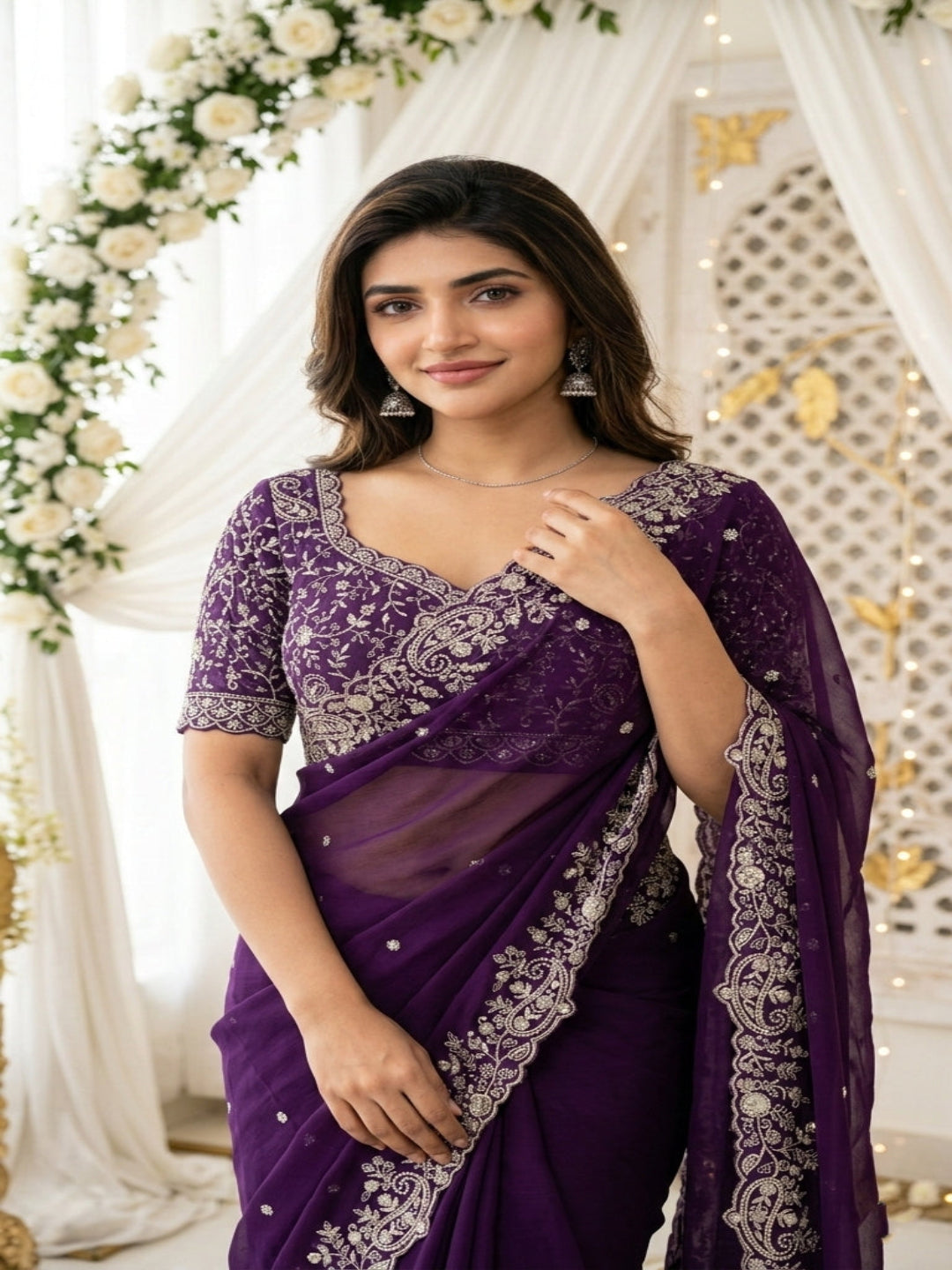 Purple Organza Crush Saree with Heavy Sequin Embroidery