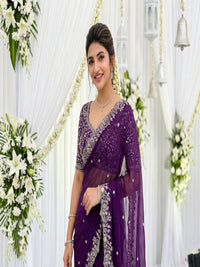 Purple Organza Crush Saree with Heavy Sequin Embroidery