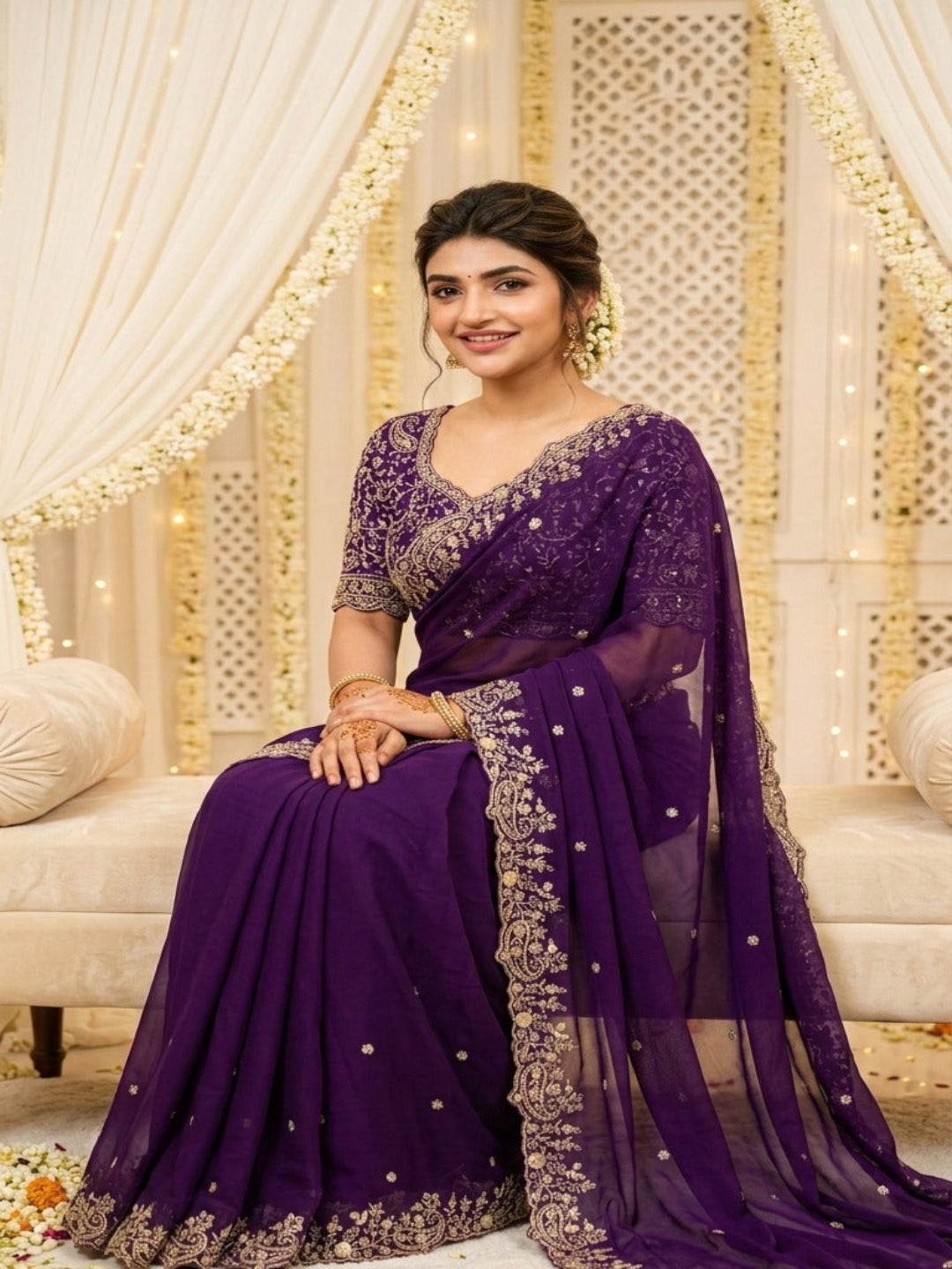 Purple Organza Crush Saree with Heavy Sequin Embroidery