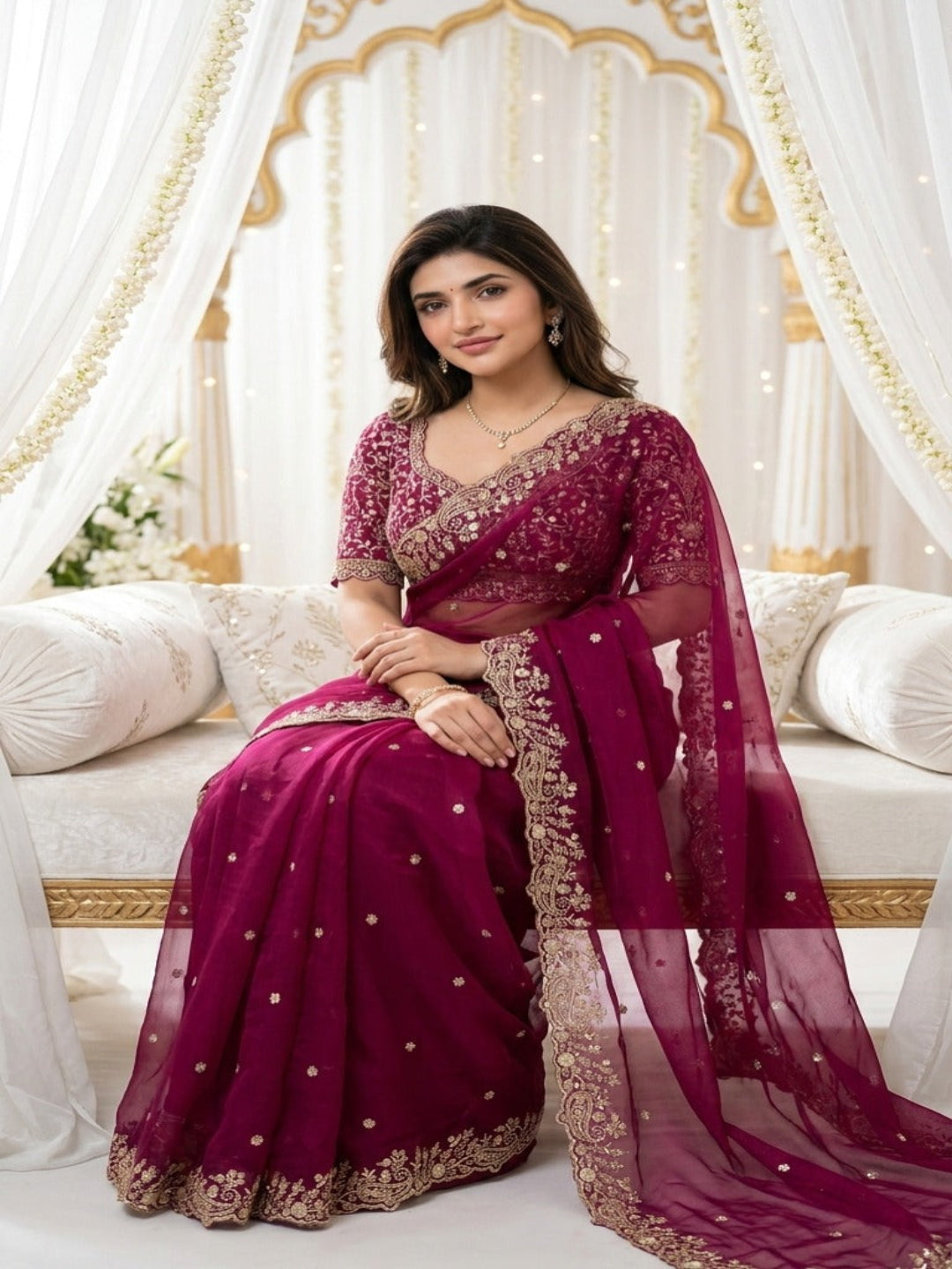 Purple Organza Crush Saree with Heavy Sequin Embroidery