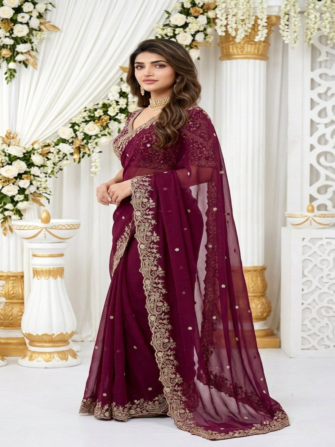 Purple Organza Crush Saree with Heavy Sequin Embroidery