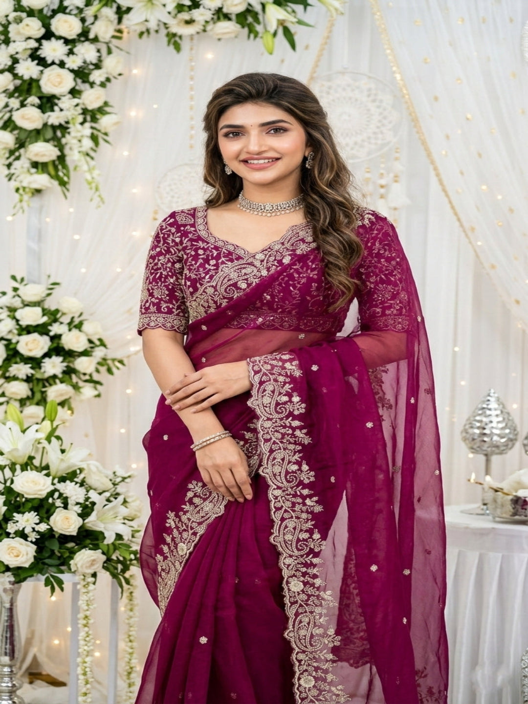 Purple Organza Crush Saree with Heavy Sequin Embroidery