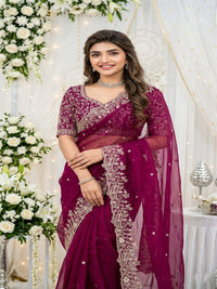 Purple Organza Crush Saree with Heavy Sequin Embroidery