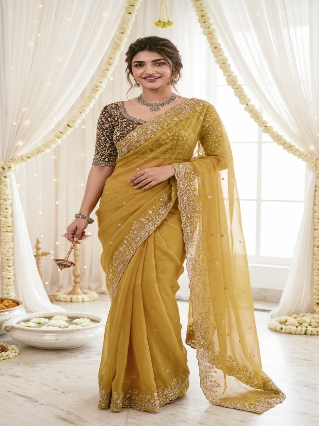 Purple Organza Crush Saree with Heavy Sequin Embroidery